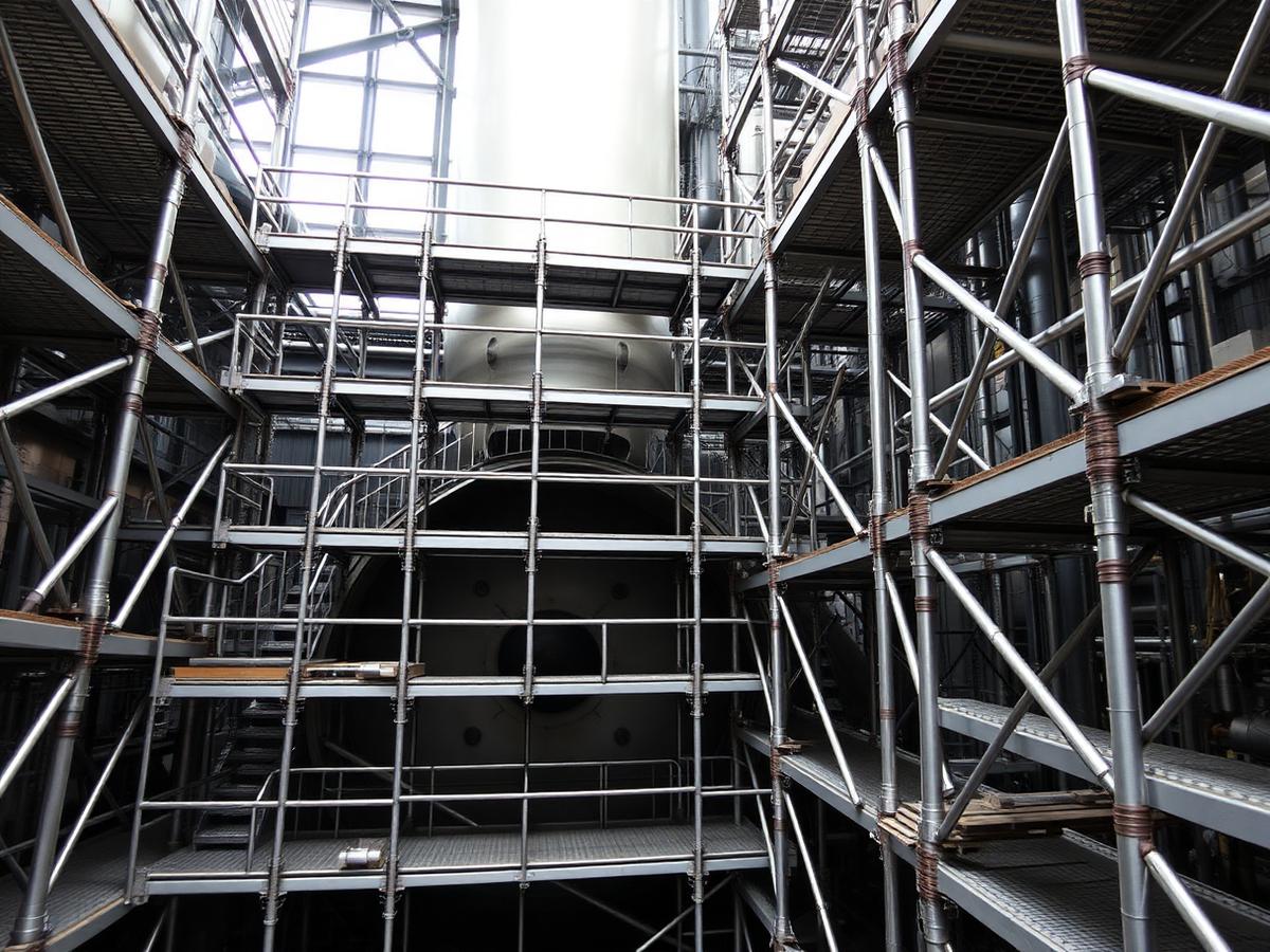 Estrutura de andaimes multidirecionais montada em planta industrial